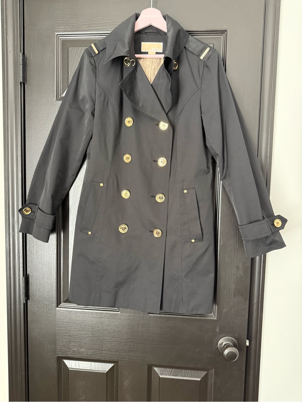 Michael Kors Black Double-Breasted Trench with Gold Buttons